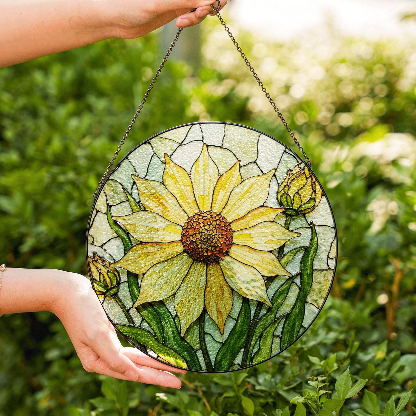 Yellow sunflower stained glass suncatcher with buds hanging window decor gift for garden lovers