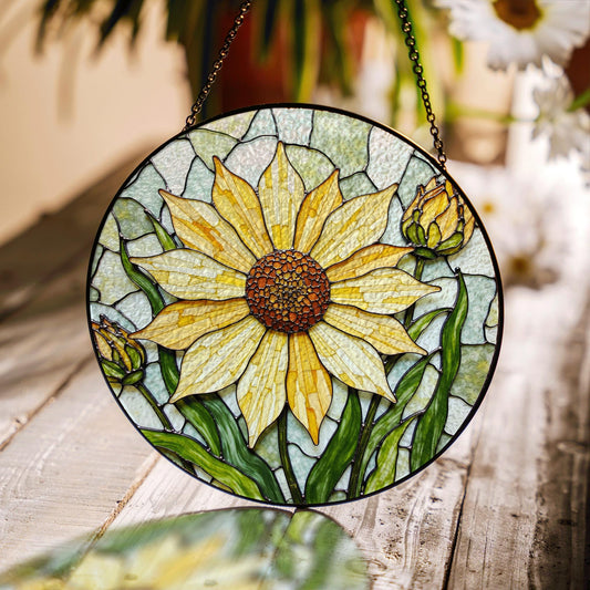 Yellow sunflower stained glass suncatcher with buds hanging window decor gift for garden lovers