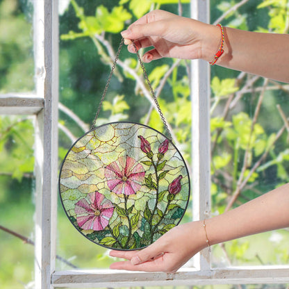 Pink morning glory floral stained glass suncatcher round window decor gift for nature lovers