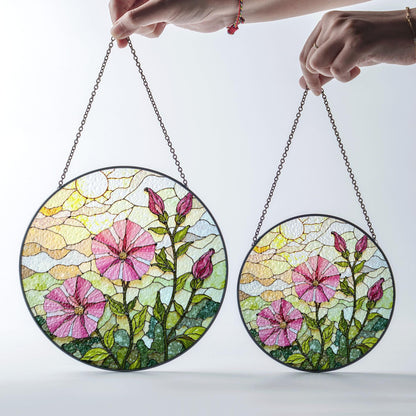 Pink morning glory floral stained glass suncatcher round window decor gift for nature lovers