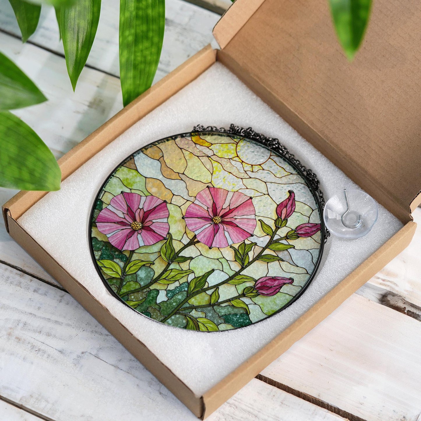 Pink morning glory floral stained glass suncatcher round window decor gift for nature lovers