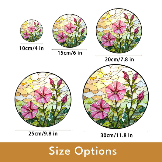 Pink morning glory floral stained glass suncatcher round window decor gift for nature lovers