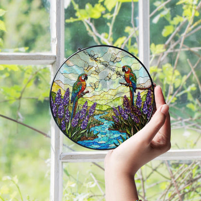 Colorful parrots butterflies and lavender stained glass suncatcher window hanging gift for bird lovers