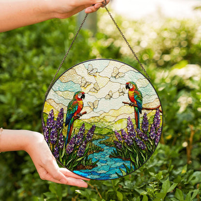 Colorful parrots butterflies and lavender stained glass suncatcher window hanging gift for bird lovers