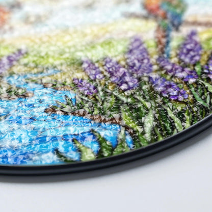 Colorful parrots butterflies and lavender stained glass suncatcher window hanging gift for bird lovers