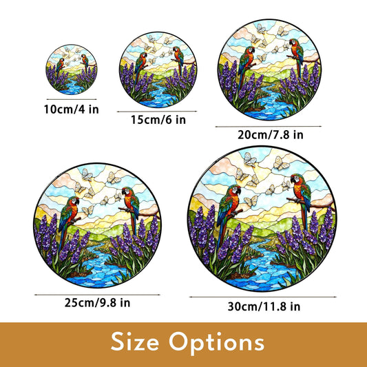 Colorful parrots butterflies and lavender stained glass suncatcher window hanging gift for bird lovers
