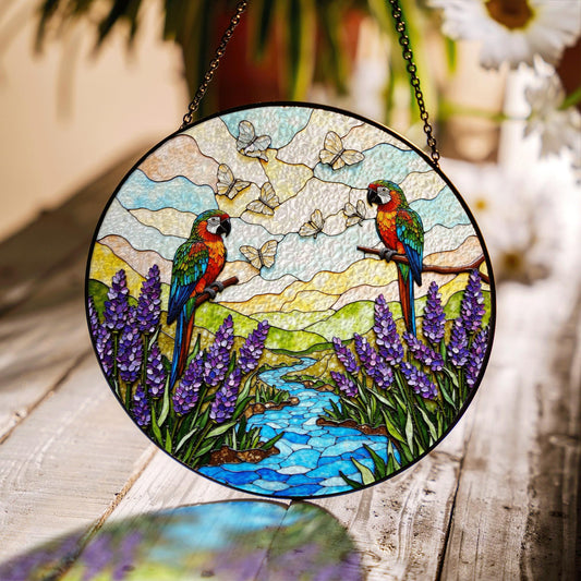 Colorful parrots butterflies and lavender stained glass suncatcher window hanging gift for bird lovers