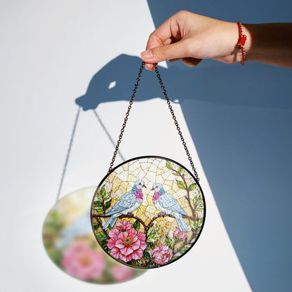 two pastel doves on floral branches stained glass suncatcher romantic window decor gift for anniversary couple
