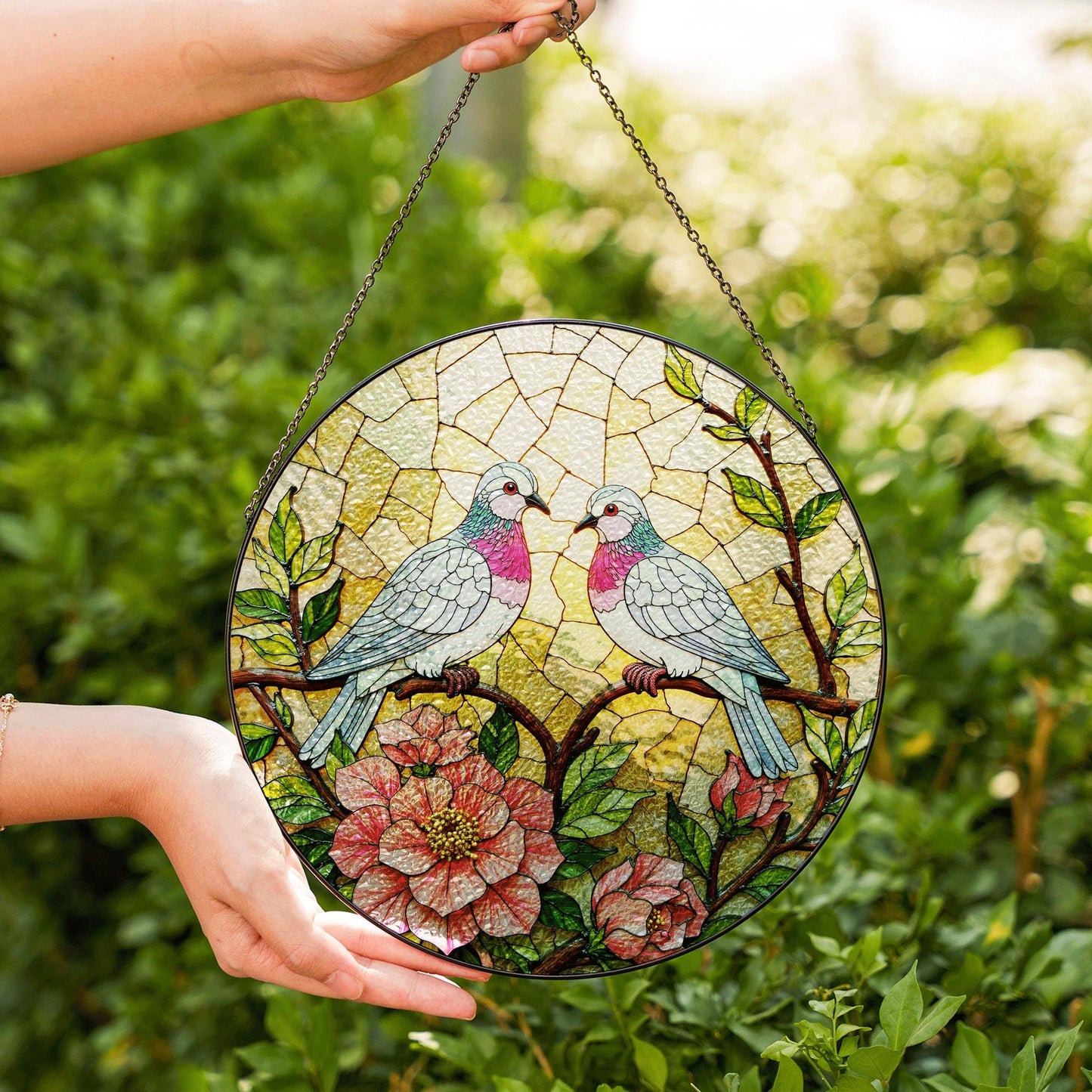 two pastel doves on floral branches stained glass suncatcher romantic window decor gift for anniversary couple
