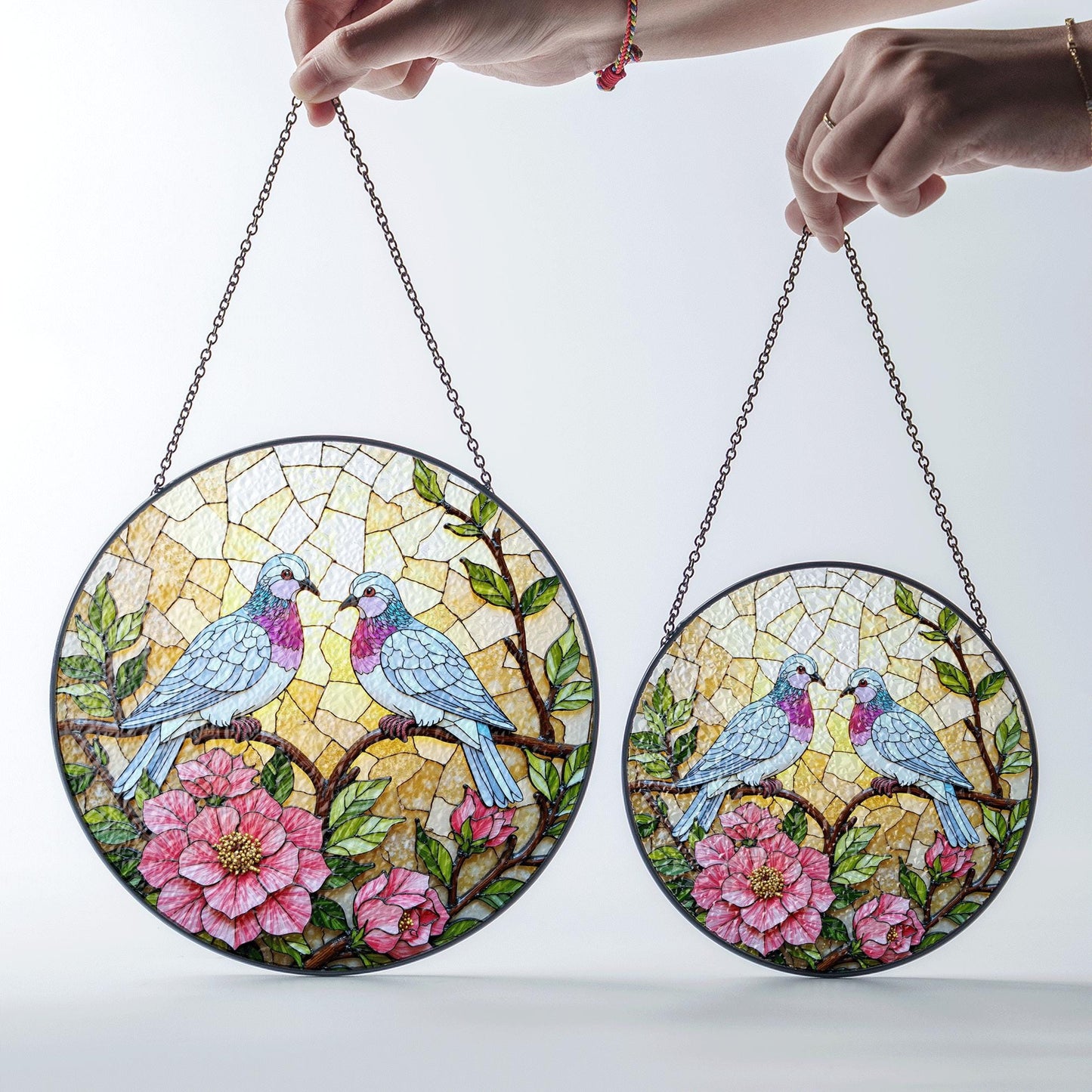 two pastel doves on floral branches stained glass suncatcher romantic window decor gift for anniversary couple