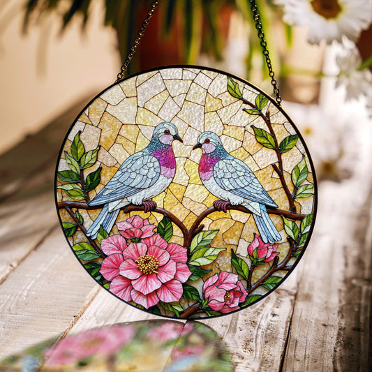 two pastel doves on floral branches stained glass suncatcher romantic window decor gift for anniversary couple