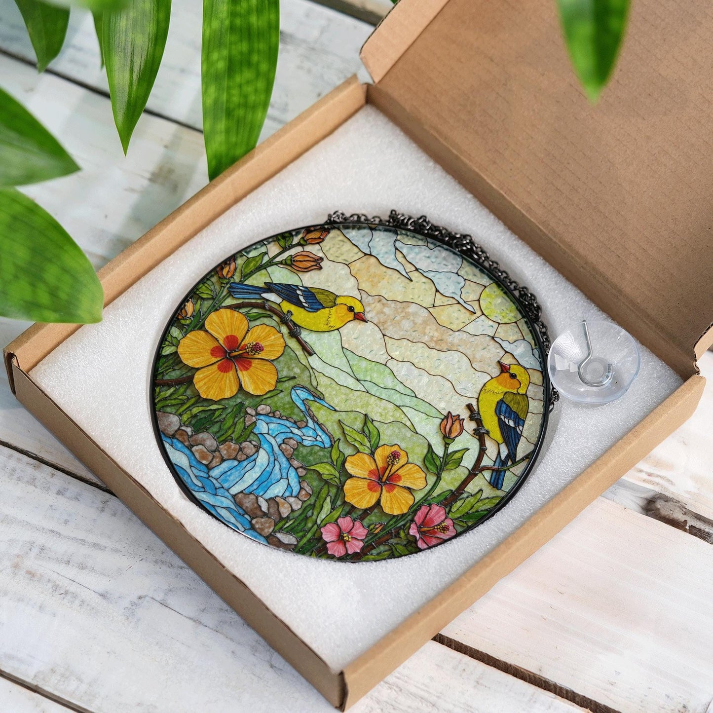 yellow birds flowers creek glass suncatcher round window decor gift for bird lovers