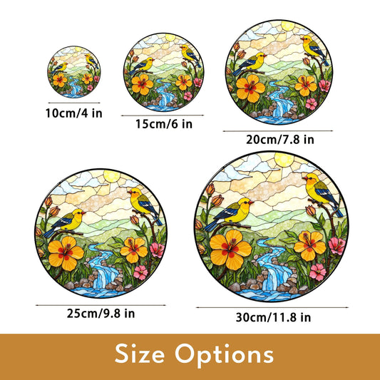 yellow birds flowers creek glass suncatcher round window decor gift for bird lovers