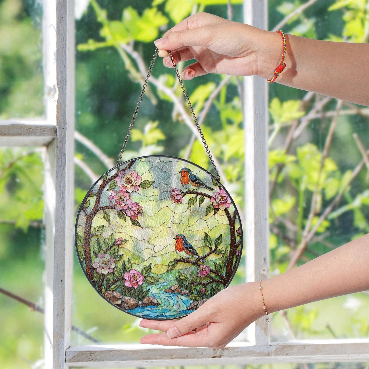 robins on spring branches round stained glass suncatcher gift for bird lover mom