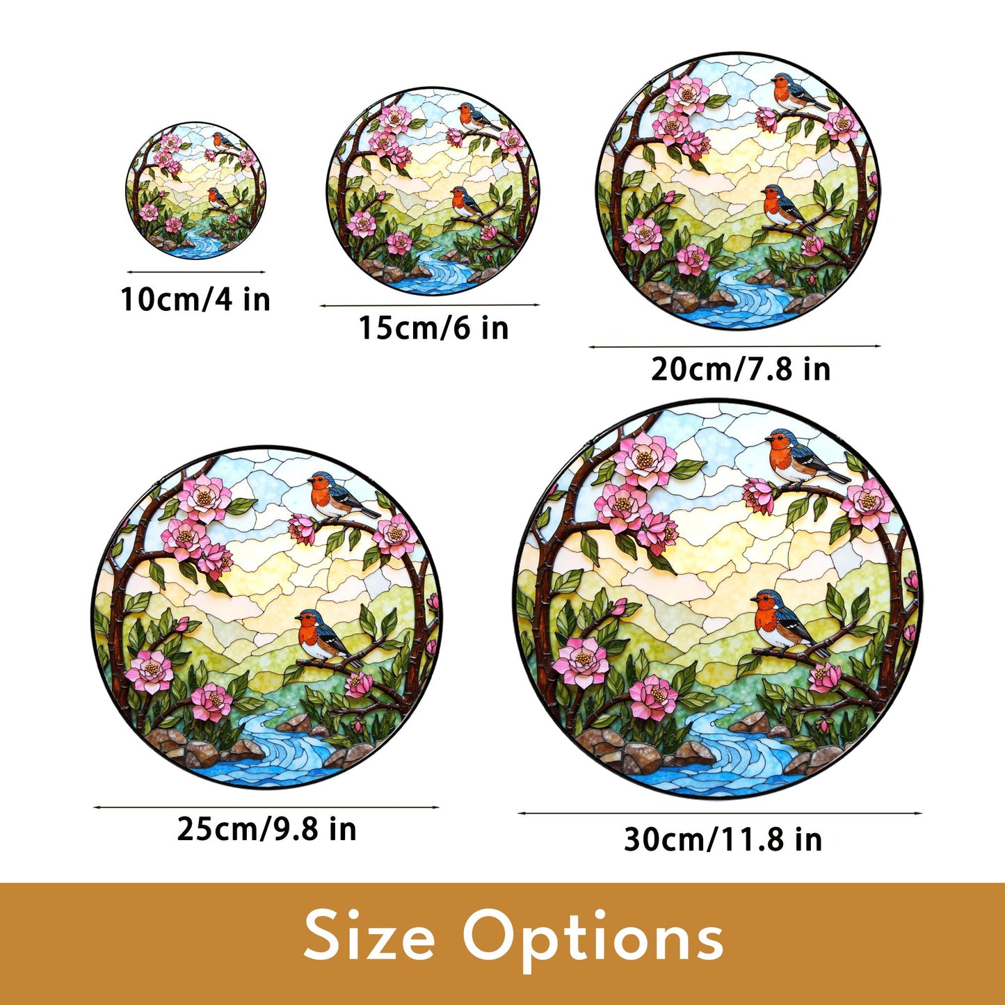robins on spring branches round stained glass suncatcher gift for bird lover mom