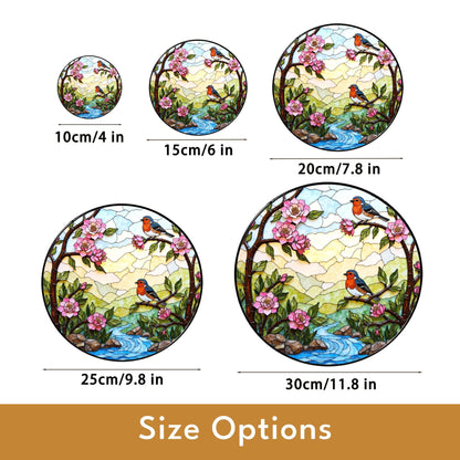 robins on spring branches round stained glass suncatcher gift for bird lover mom