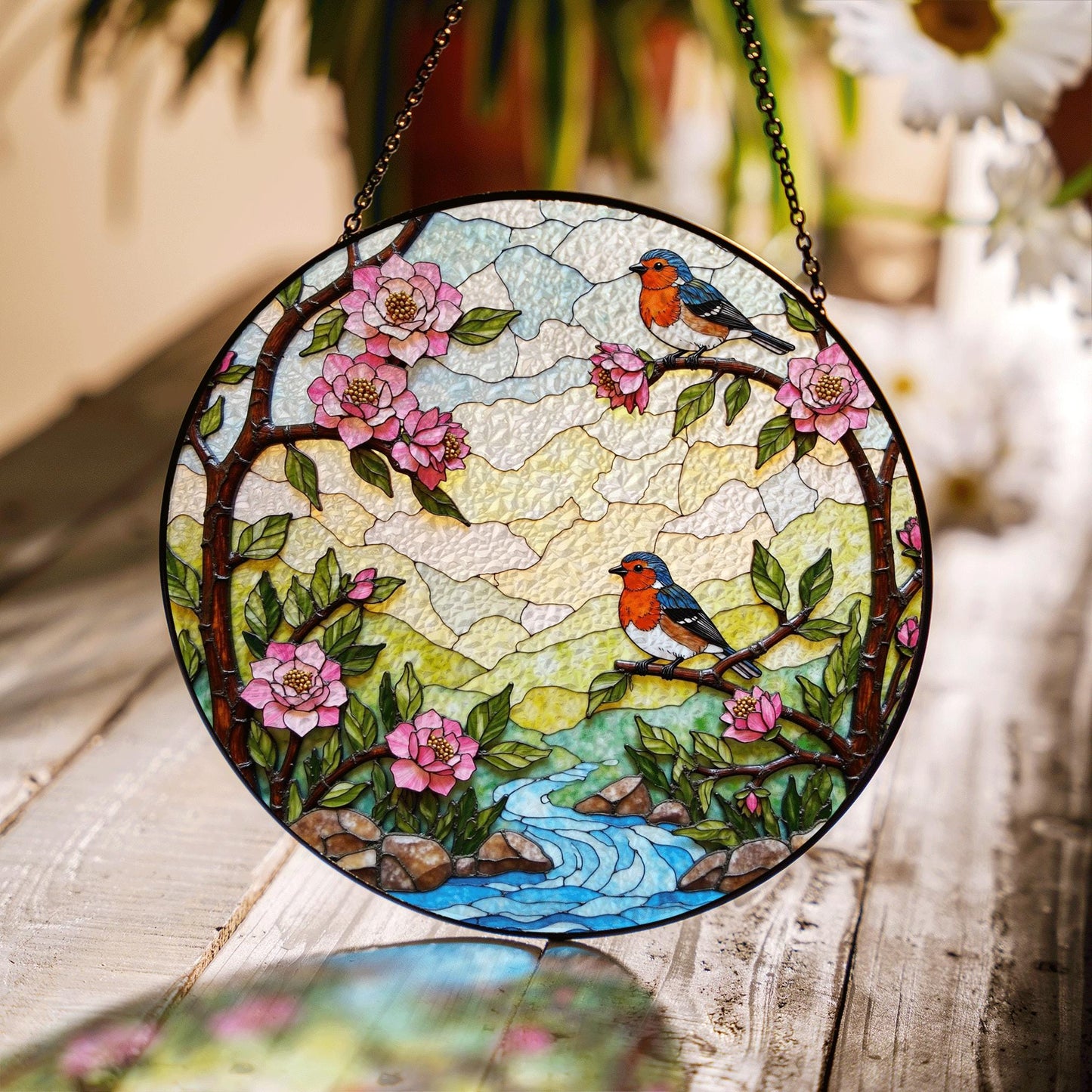robins on spring branches round stained glass suncatcher gift for bird lover mom