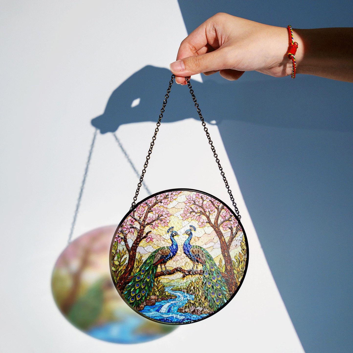 two peacocks on branch stained glass window hanging peacock suncatcher gift for bird lover
