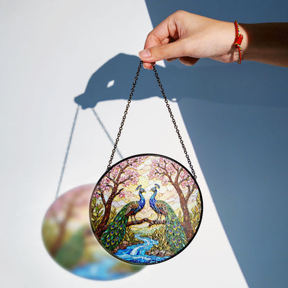 two peacocks on branch stained glass window hanging peacock suncatcher gift for bird lover