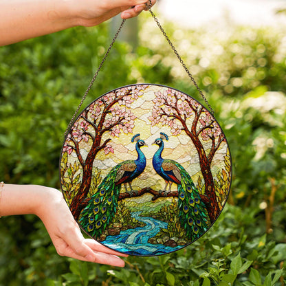 two peacocks on branch stained glass window hanging peacock suncatcher gift for bird lover