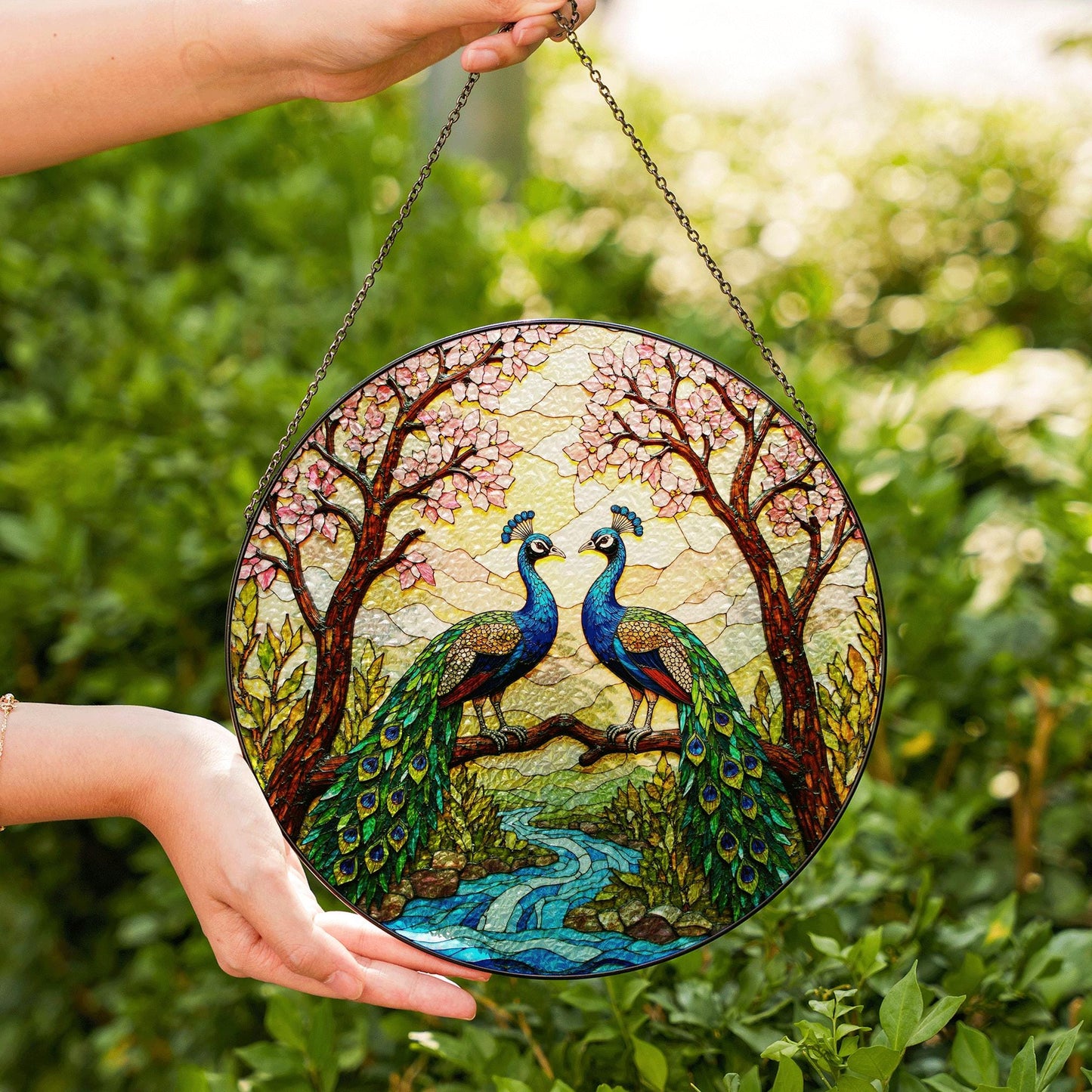 two peacocks on branch stained glass window hanging peacock suncatcher gift for bird lover