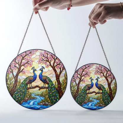 two peacocks on branch stained glass window hanging peacock suncatcher gift for bird lover