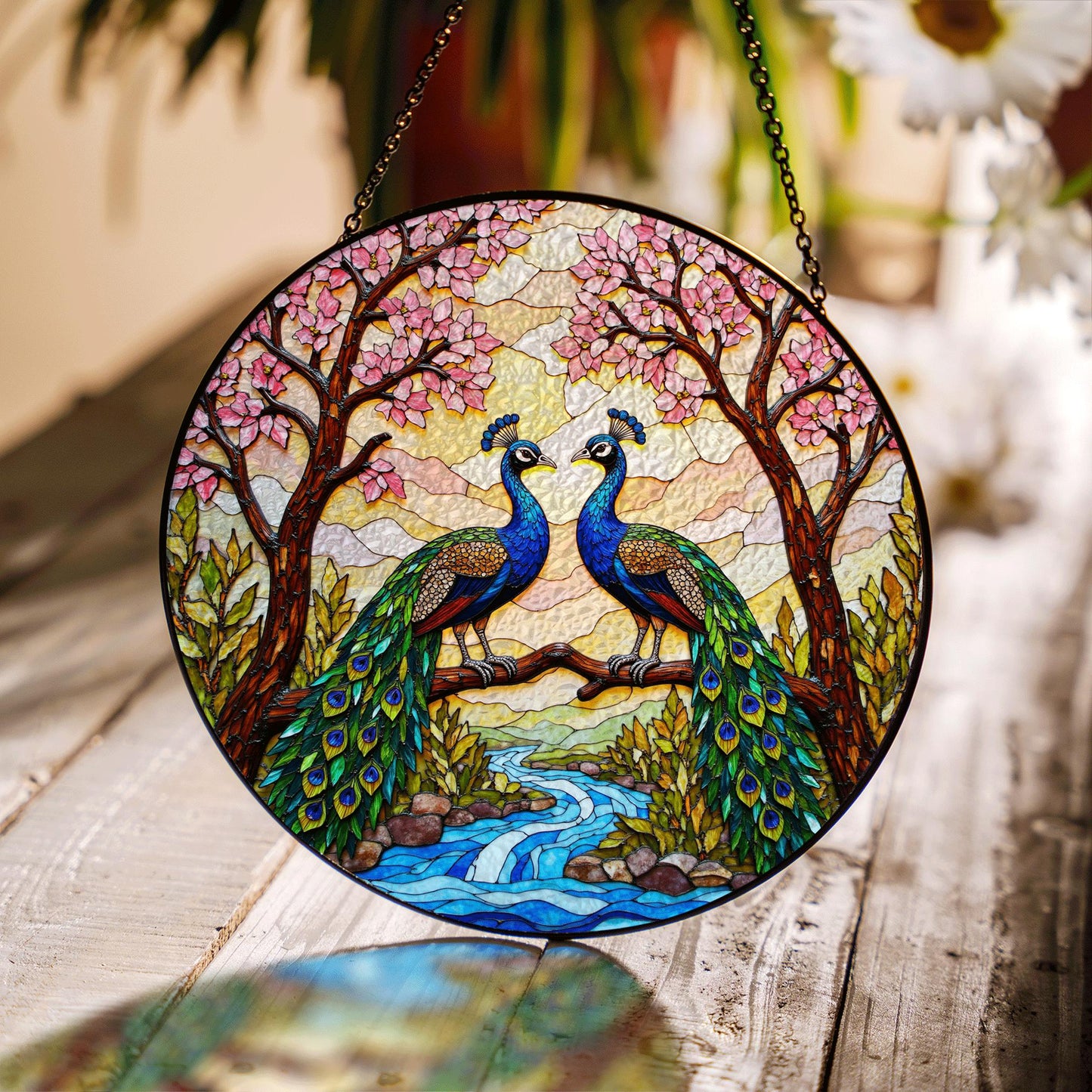 two peacocks on branch stained glass window hanging peacock suncatcher gift for bird lover