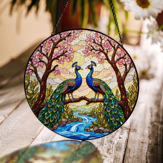 two peacocks on branch stained glass window hanging peacock suncatcher gift for bird lover