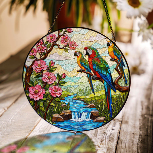 Colorful parrots waterfall scene tropical suncatcher window decor gift for bird lovers