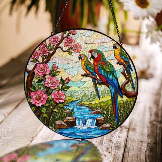Colorful parrots waterfall scene tropical suncatcher window decor gift for bird lovers