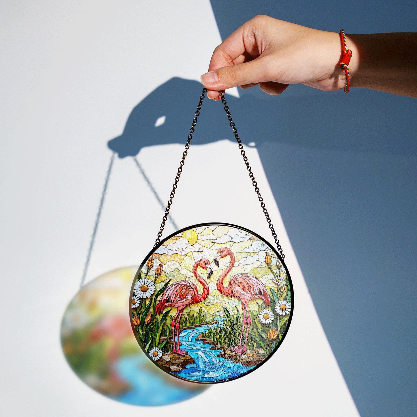Two flamingos with tropical flowers stained glass suncatcher gift for bird lover