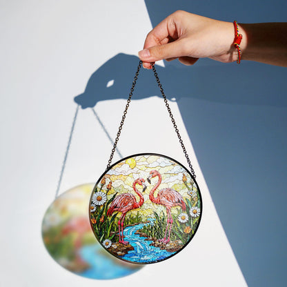 Two flamingos with tropical flowers stained glass suncatcher gift for bird lover