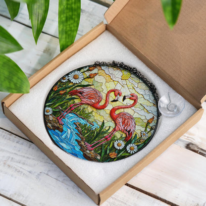 Two flamingos with tropical flowers stained glass suncatcher gift for bird lover