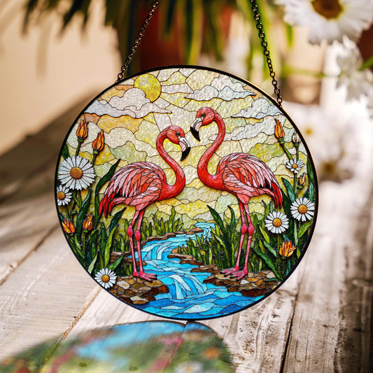 Two flamingos with tropical flowers stained glass suncatcher gift for bird lover
