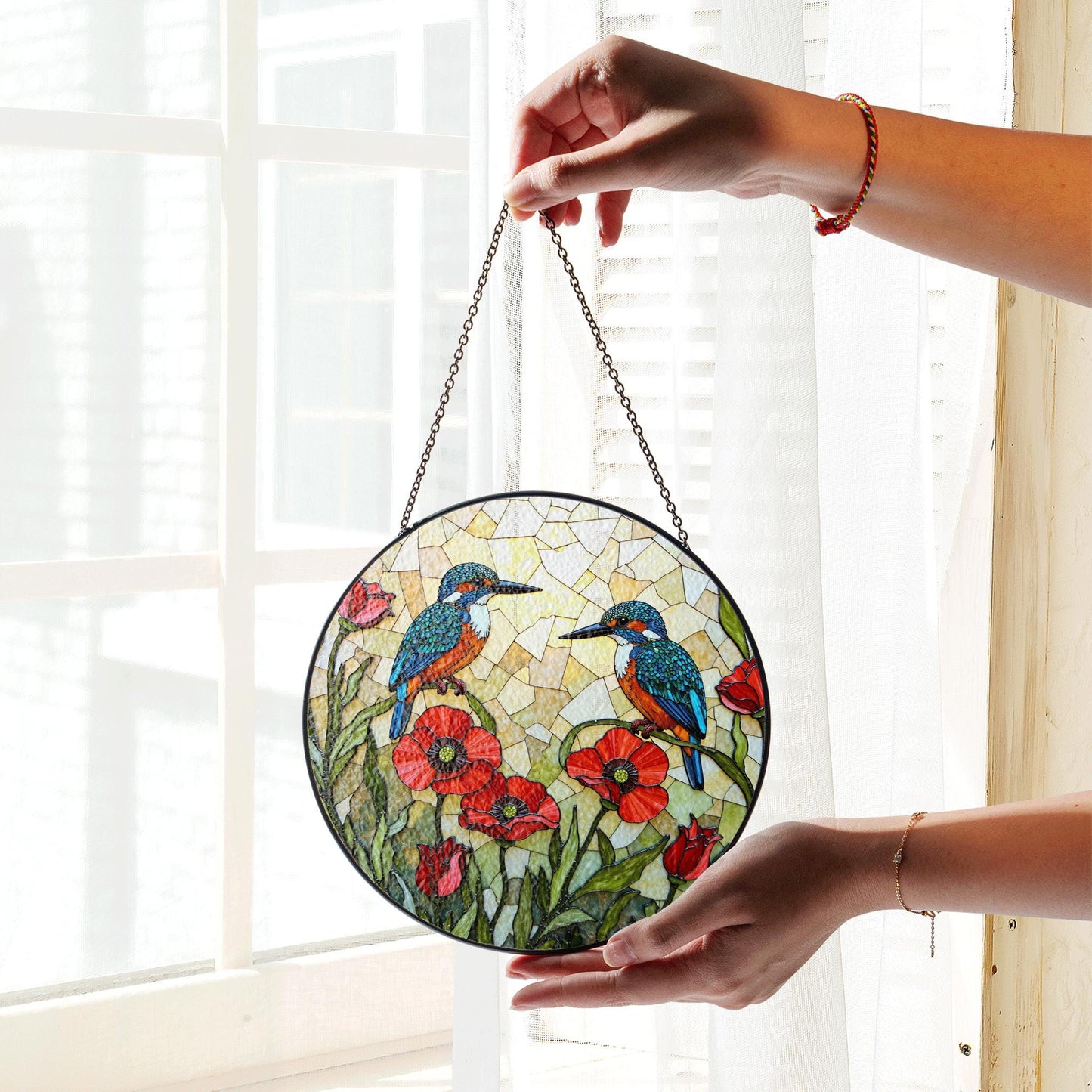 Kingfishers and poppies stained glass suncatcher window decor gift for bird lovers