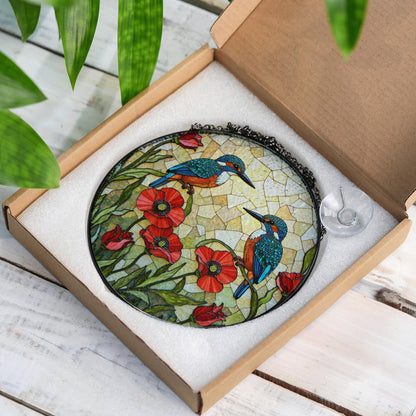 Kingfishers and poppies stained glass suncatcher window decor gift for bird lovers