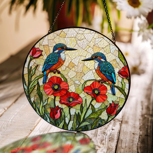 Kingfishers and poppies stained glass suncatcher window decor gift for bird lovers