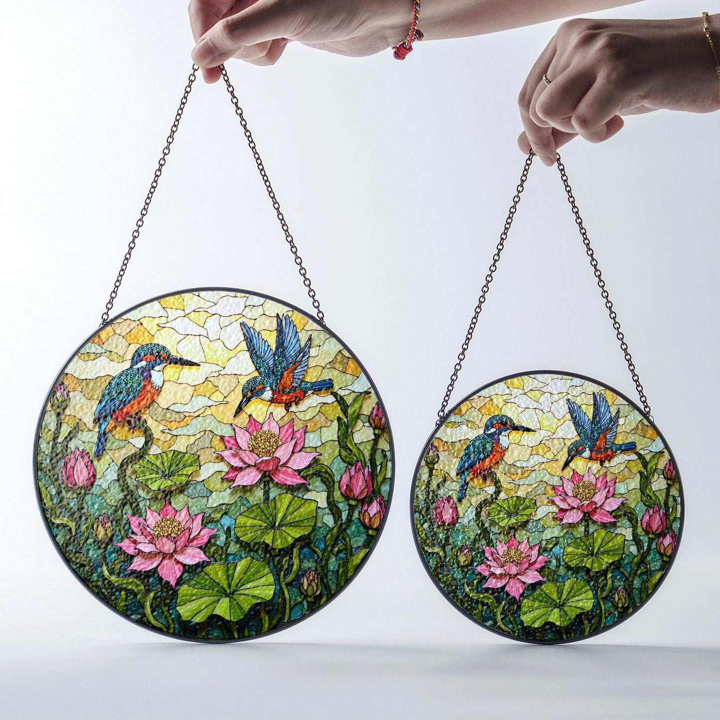 kingfishers and lotus floral stained glass suncatcher gift for bird lovers