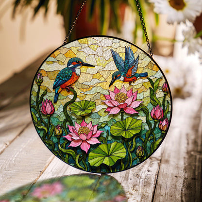 kingfishers and lotus floral stained glass suncatcher gift for bird lovers