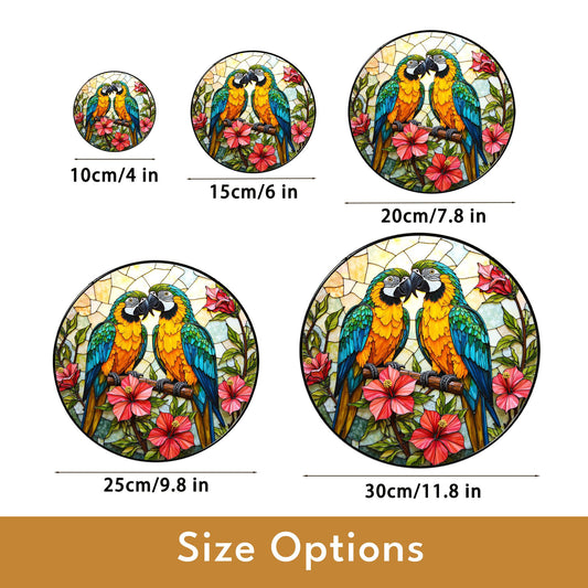 Two parrots on branch stained glass suncatcher window decor gift for bird lovers