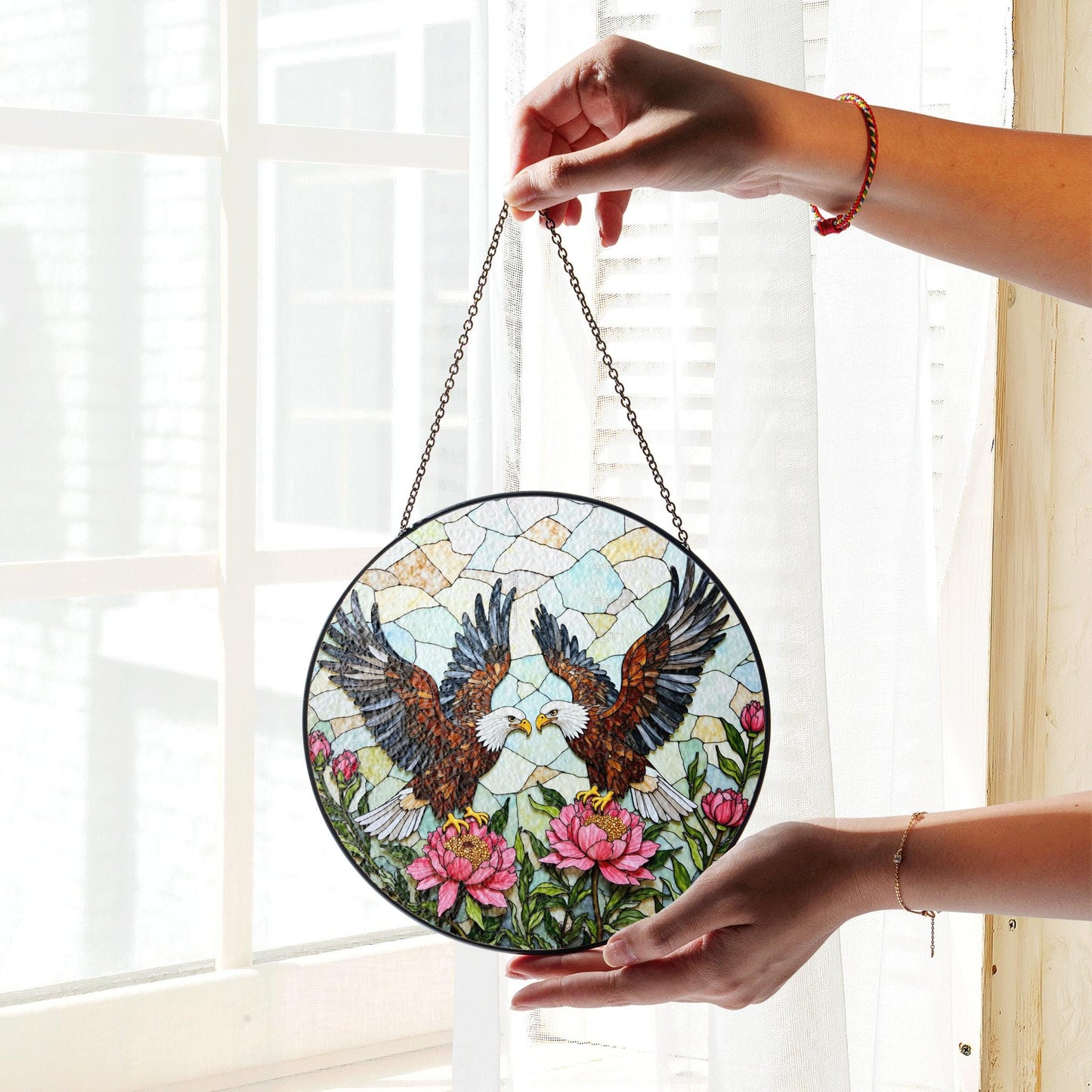 two bald eagles with peonies stained glass window hanging suncatcher gift for dad