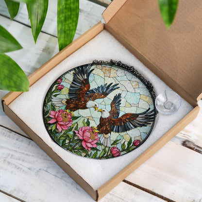 two bald eagles with peonies stained glass window hanging suncatcher gift for dad