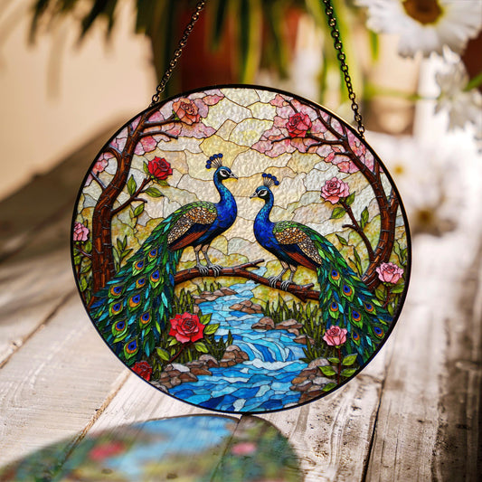 Colorful peacocks by stream stained glass suncatcher window decor gift for nature lovers