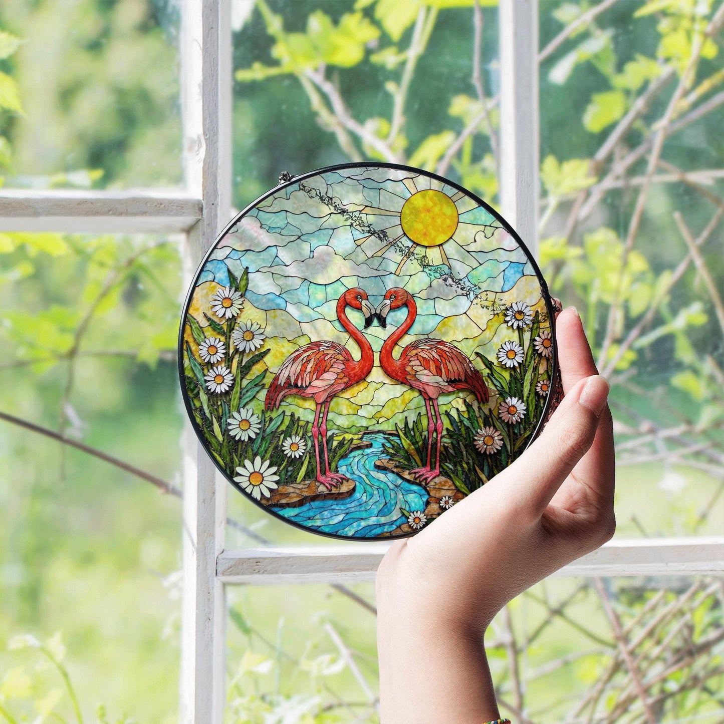 Two flamingos in love romantic stained glass suncatcher gift for nature lover friend
