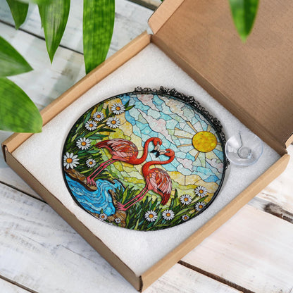 Two flamingos in love romantic stained glass suncatcher gift for nature lover friend