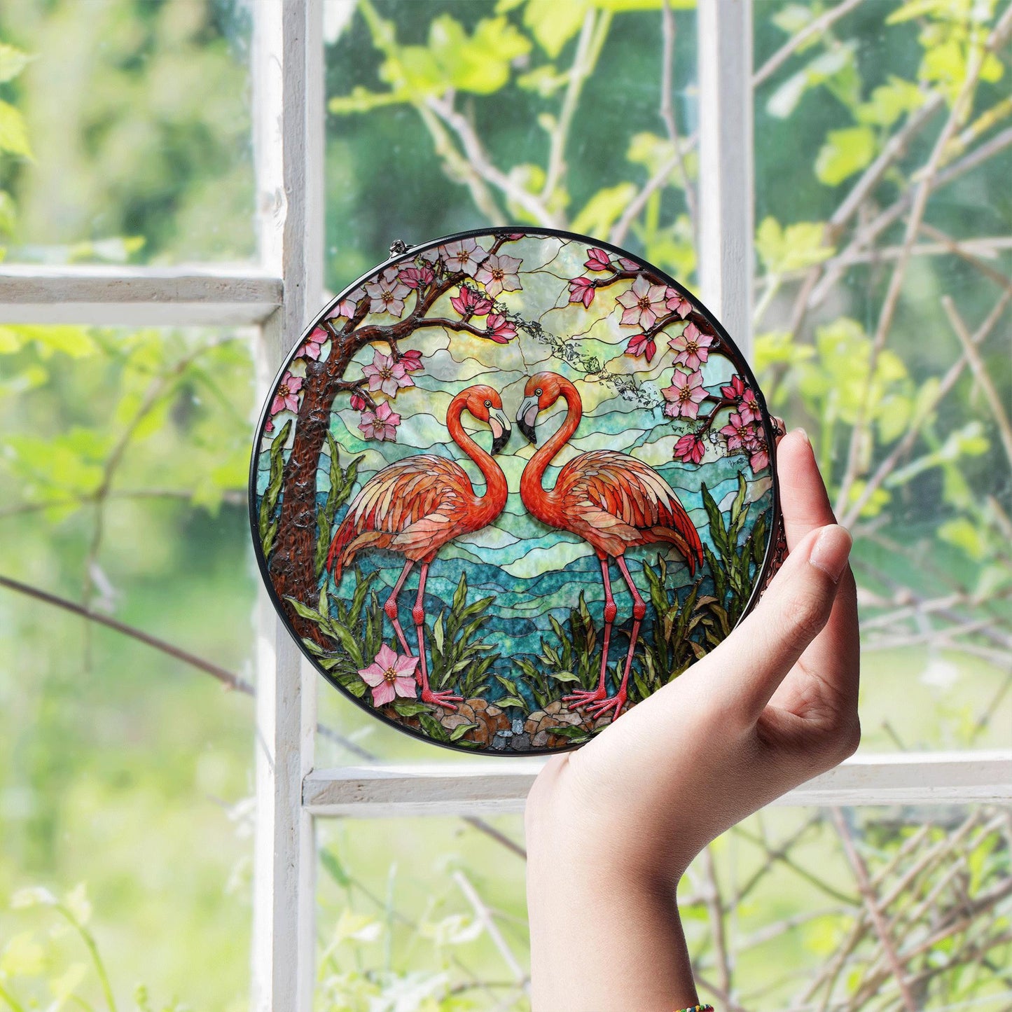 flamingo couple with cherry blossoms stained glass suncatcher gift for nature lover friend