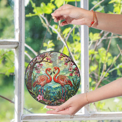 flamingo couple with cherry blossoms stained glass suncatcher gift for nature lover friend