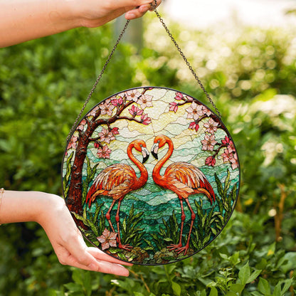 flamingo couple with cherry blossoms stained glass suncatcher gift for nature lover friend