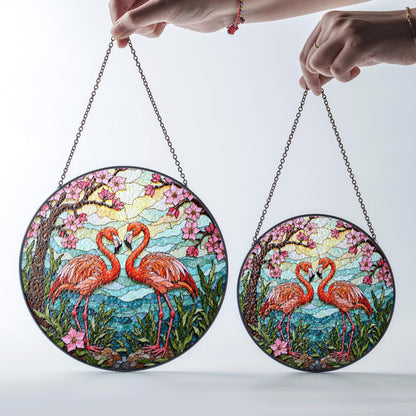 flamingo couple with cherry blossoms stained glass suncatcher gift for nature lover friend