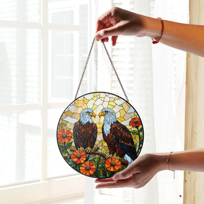 Two bald eagles and zinnias stained glass style eagle suncatcher gift for nature dad